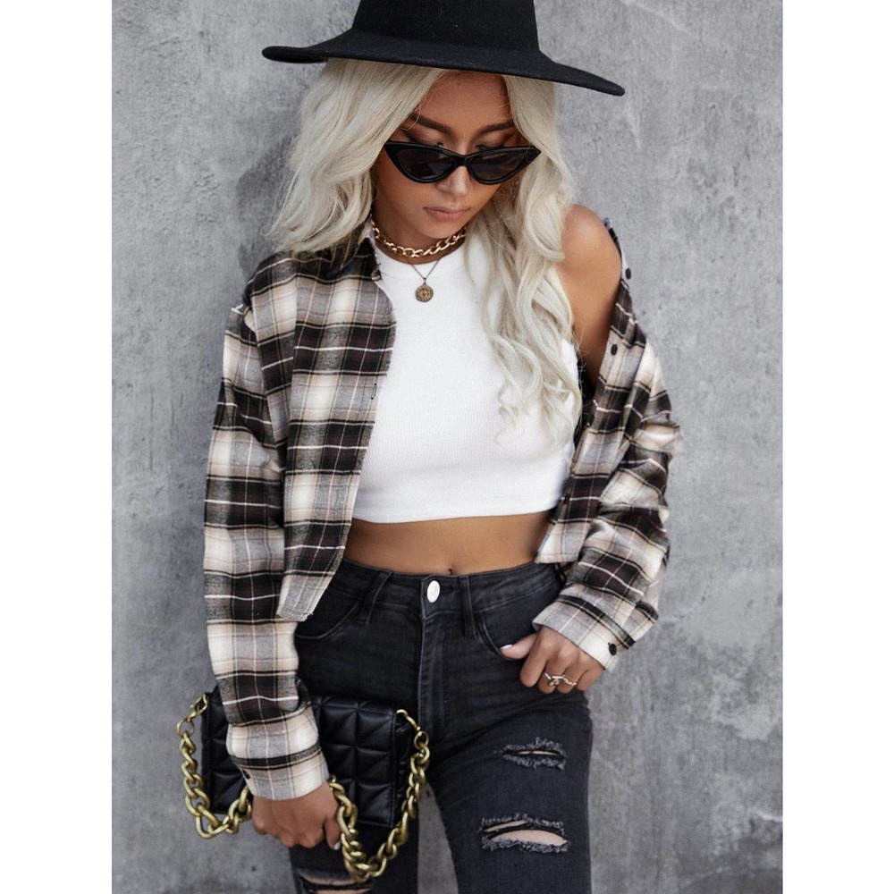 ❗️ Plaid Single Breasted Drop Shoulder Crop trucker jacket fall tan brown - Picture 4 of 5